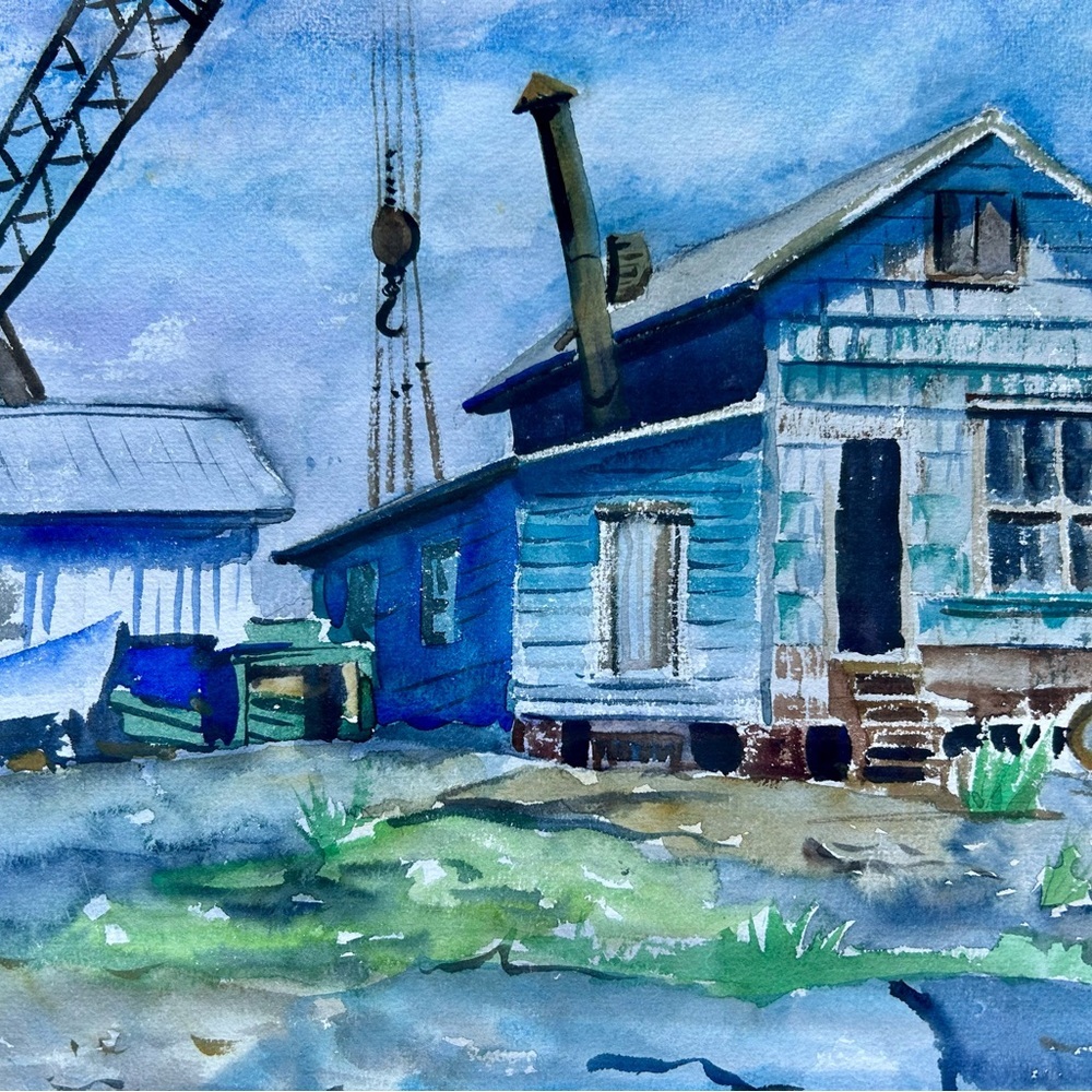 Vintage Seaside Watercolor Painting: Boatyard Scene by Margaret Ostranded - Picture 4 of 10